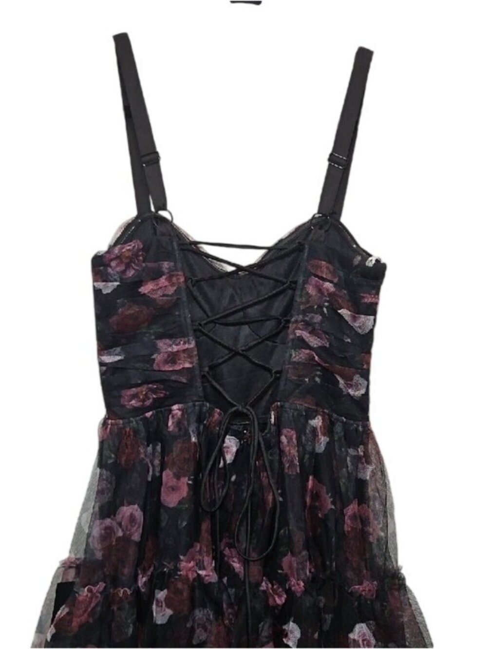 Lulus Sentimental Charisma Black Floral Mesh Tiered Midi Dress New Medium - Picture 8 of 12